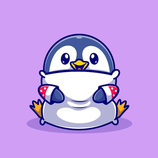 Niedliche baby-pinguin-umarmungs-kissen-karikatur-vektor-icon-illustration. tier natur symbol konzept isoliert premium-vektor. flacher cartoon-stil