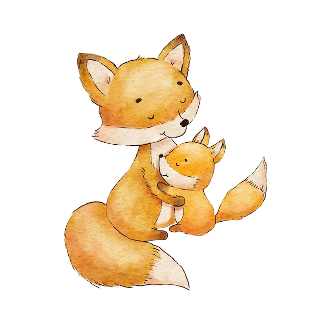 Niedliche babyfuchs- und mutterfiguren. aquarell kindliche illustration isoliert auf weiß