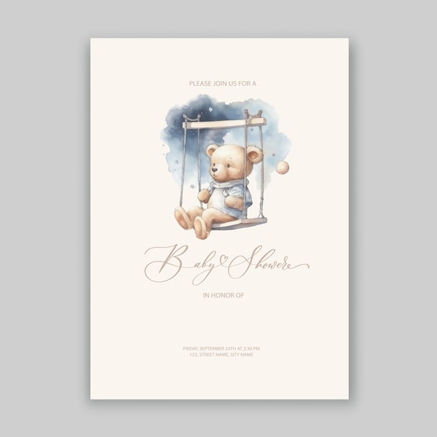 Niedliche Babyparty-Aquarelleinladung mit Plüsch-Teddybärspielzeugen