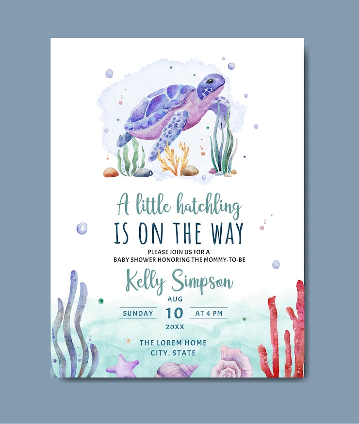 Vektor niedliche babyparty unter der meeresthema-aquarell-einladungskarte