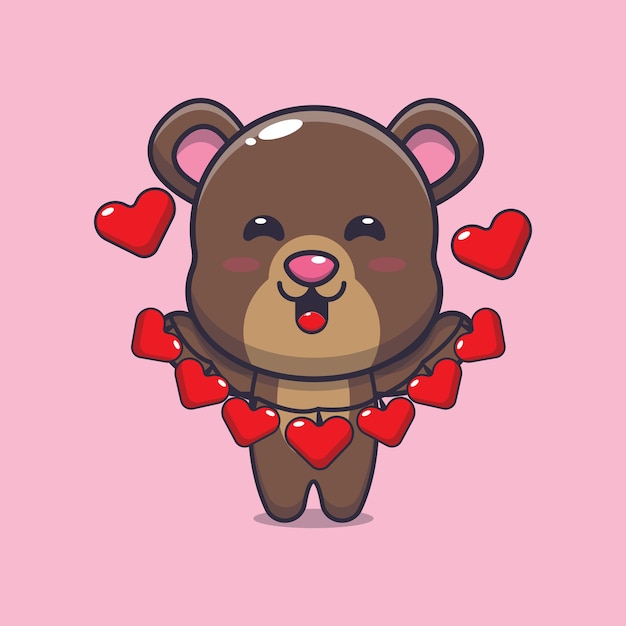 Vektor niedliche bärenmaskottchen-zeichentrickfigurillustration am valentinstag
