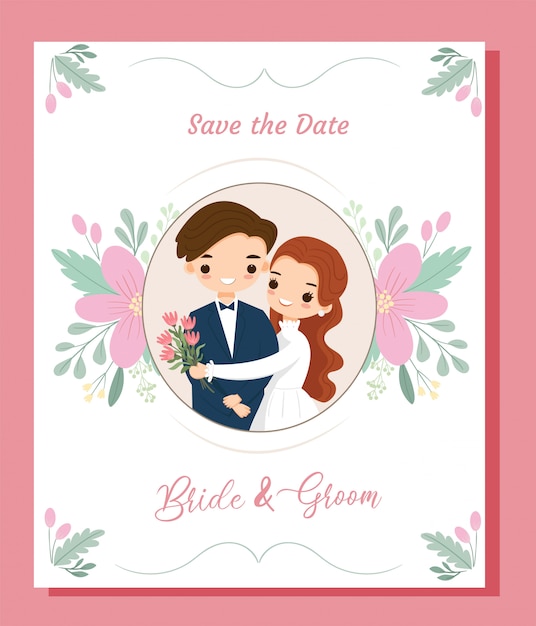 Niedliche böhmische Cartoonpaar-Hochzeitseinladungskarte mit Blumengrenzrahmen