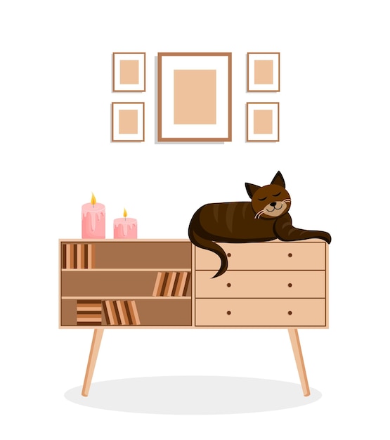 Niedliche braune katze sitzt auf einem bücherregal. interieur mit einem tier. vektor-illustration.