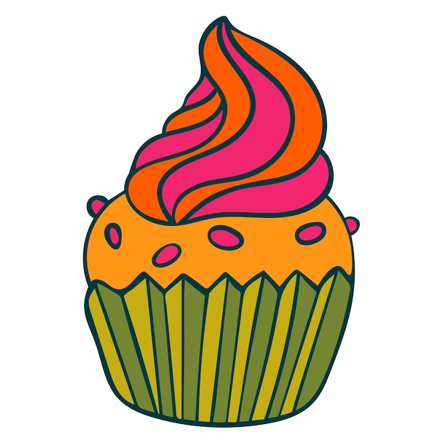 Niedliche bunte handgezeichnete cupcake-ikone. kuchen aus schwarzer dünner linie kontur isoliert auf weißem hintergrund.