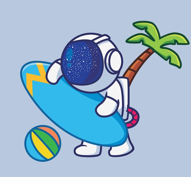 Niedliche cartoon-astronautenfigur mit surfbrett, bereit zum surfen in den sommerferien