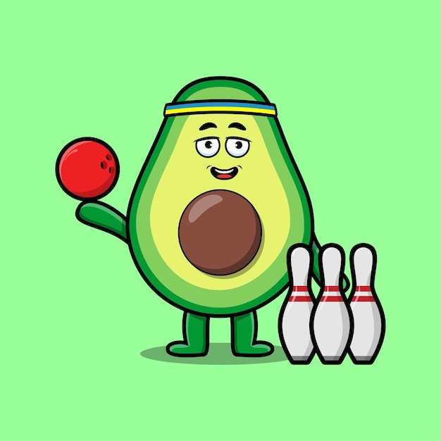 Vektor niedliche cartoon-avocado-figur, die bowling in 3d-design im modernen stil spielt