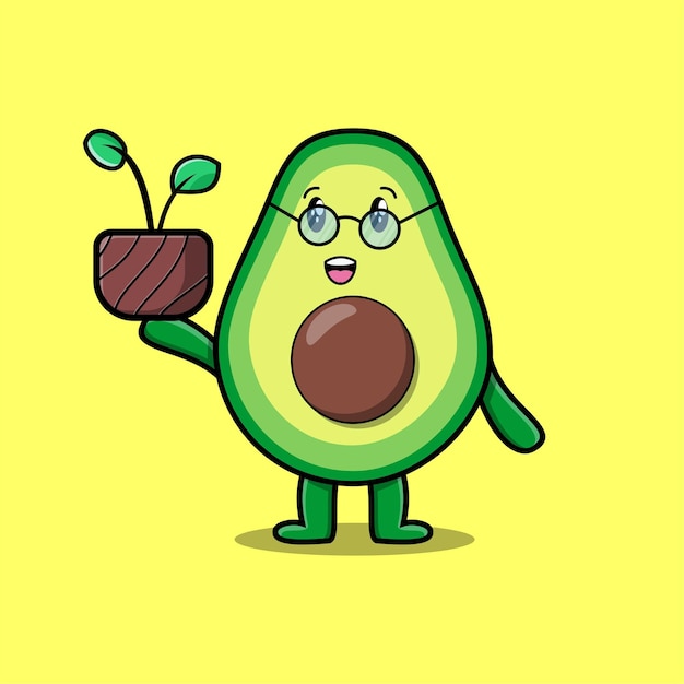 Niedliche cartoon-avocado-holding-pflanze in einem topf 3d-design im modernen stil