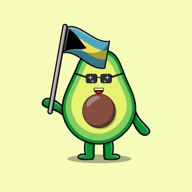 Niedliche cartoon-avocado-maskottchen-figur mit flagge des bahama-landes in modernem design