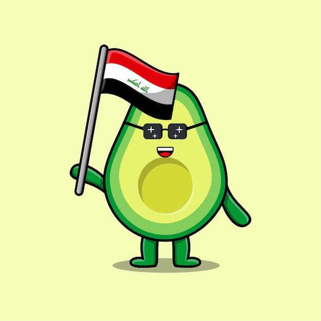 Niedliche cartoon-avocado-maskottchen-figur mit flagge des irakischen landes in modernem design