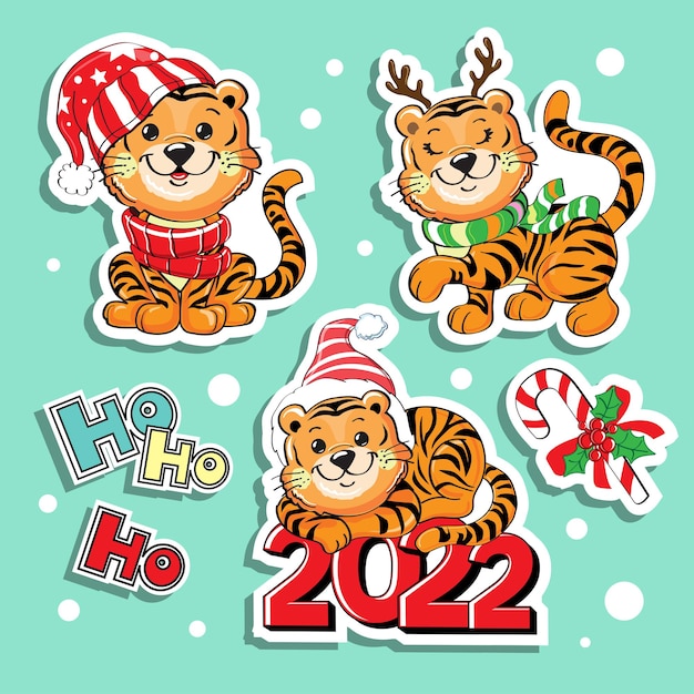 Niedliche Cartoon-Baby-Tiger in einer Weihnachtsmann-Hut-Sammlung Vektor-Illustration isoliert
