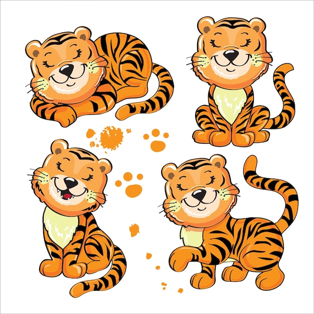 Niedliche cartoon-baby-tiger-set vektor-illustration isoliert t-shirt design-symbol von 2022