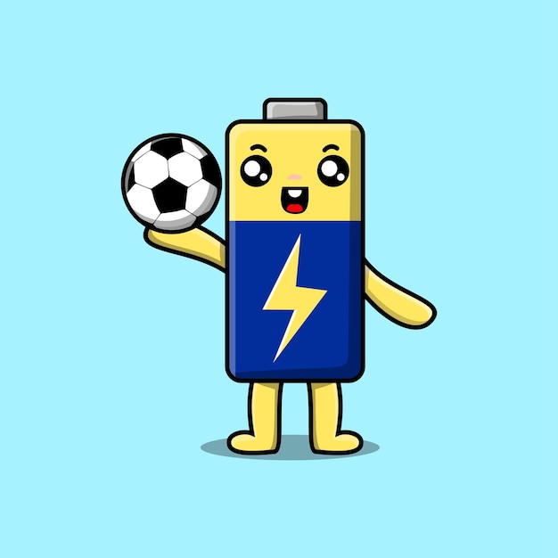 Niedliche cartoon-batterie-figur, die fußball in flacher cartoon-stil-illustration spielt