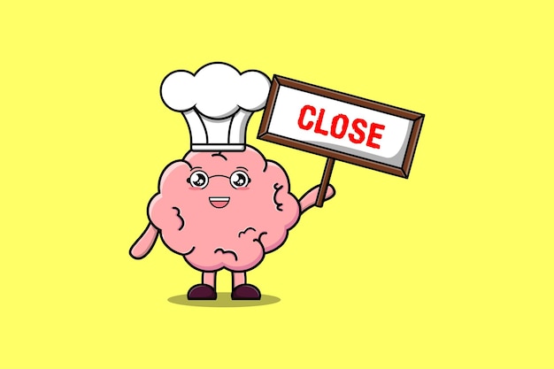 Niedliche cartoon-brain-chef-figur, die enge schilderdesigns im flachen cartoon-stil hält
