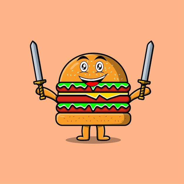 Niedliche Cartoon-Burger-Figur, die zwei Schwerter in 3D-Illustration des modernen Designs hält