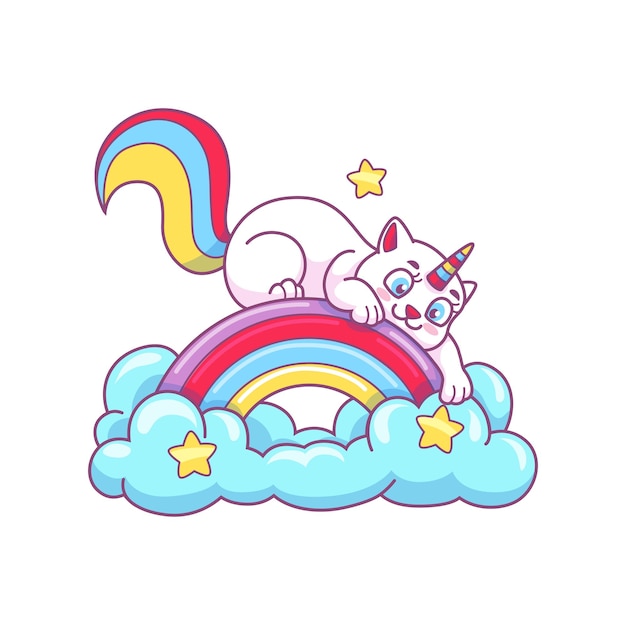 Niedliche Cartoon-Caticorn-Figur, die auf Regenbogen spielt