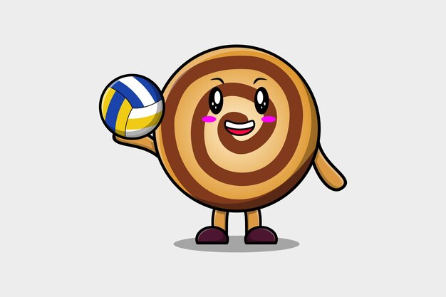 Niedliche cartoon-cookies-figur, die volleyball in flacher cartoon-stil-illustration spielt