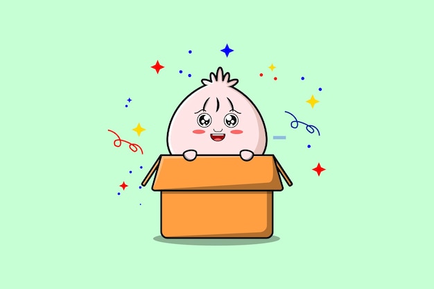 Niedliche cartoon-dim-sum-figur, die aus der box in flacher cartoon-vektor-symbol-illustration kommt