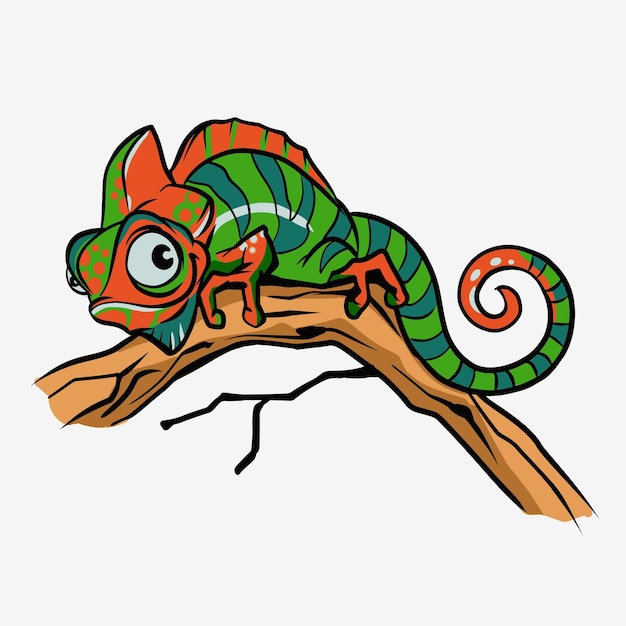 Niedliche cartoon-figur grünes chamäleon-eidechsentier reptil in der tierwelt isoliert in warmem hintergrund vektor-illustration