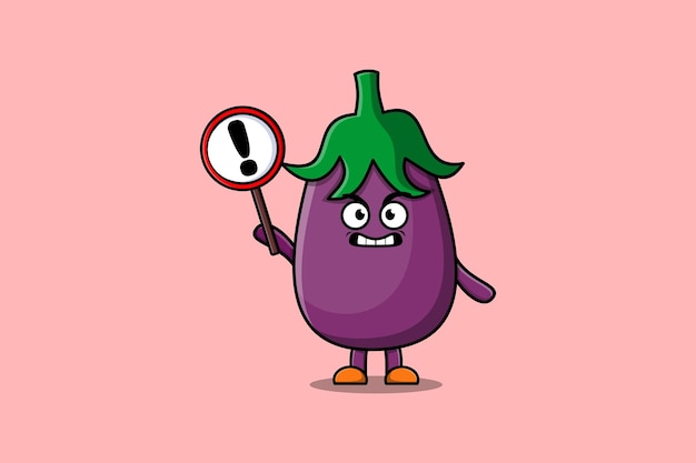 Niedliche cartoon-illustration aubergine mit ausrufezeichen in flachem, modernem design