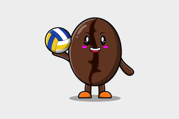 Niedliche cartoon-kaffeebohnen-figur, die volleyball in flacher cartoon-stil-illustration spielt