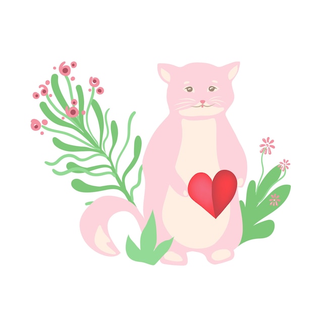 Niedliche cartoon-katze mit blumenstrauß und herzen zum valentinstag