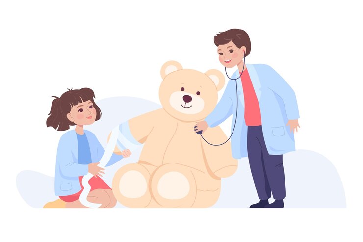 Vektor niedliche cartoon-kinder, die zusammen mit einem großen teddybären arzt spielen. kinder, die sich zu hause beim rollenspiel amüsieren, als mediziner flache vektorillustration. gesundheit, medizin, kindheitskonzept für banner