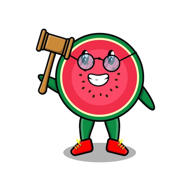 Vektor niedliche cartoon-maskottchen-figur weise richterwassermelone, die eine brille trägt und einen hammer hält