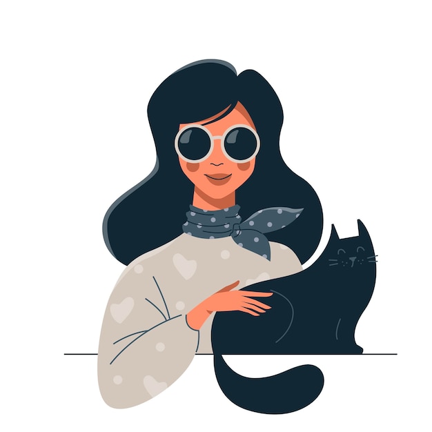 Niedliche cartoon-modefrau mit sonnenbrille und ihrer katze stilvolles junges mädchen mit schwarzen haaren vektorillustration
