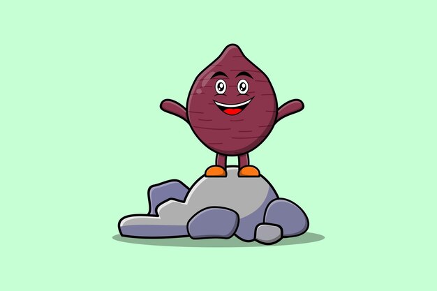 Niedliche cartoon-süßkartoffelfigur, die im cartoon-stil der steinvektorillustration steht