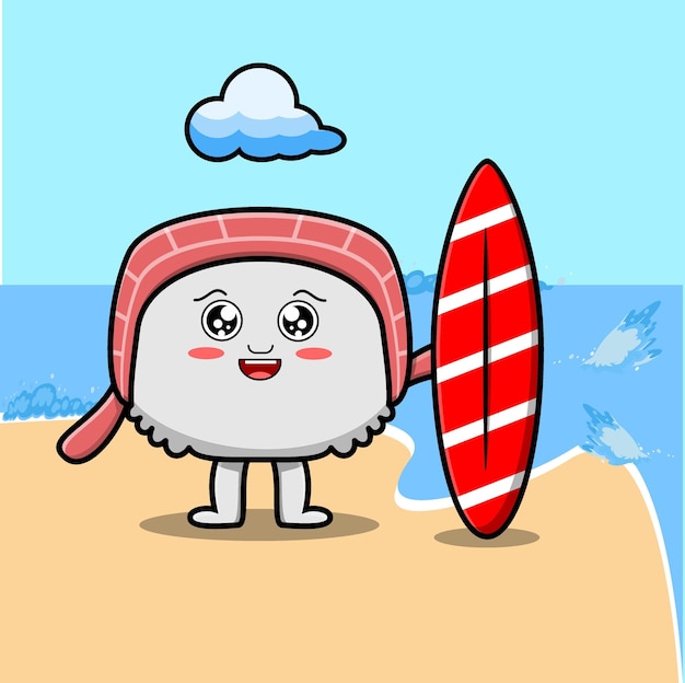 Niedliche cartoon-sushi-figur, die surfen mit surfbrett in flacher cartoon-stil-illustration spielt