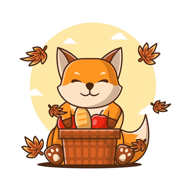 Niedliche cartoon-vektor-illustrationen fuchs mit apfelkorb im herbst. herbst-icon-konzept