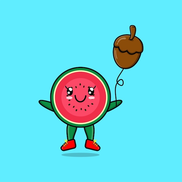 Niedliche Cartoon-Wassermelone, die mit Eichelballon-Cartoon-Vektorillustration im Cartoon-Stil des Konzepts 3d schwimmt