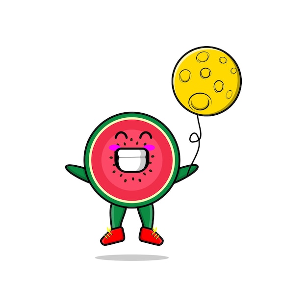 Niedliche cartoon-wassermelone, die mit mondballon-cartoon-vektorillustration im cartoon-stil des konzepts 3d schwimmt