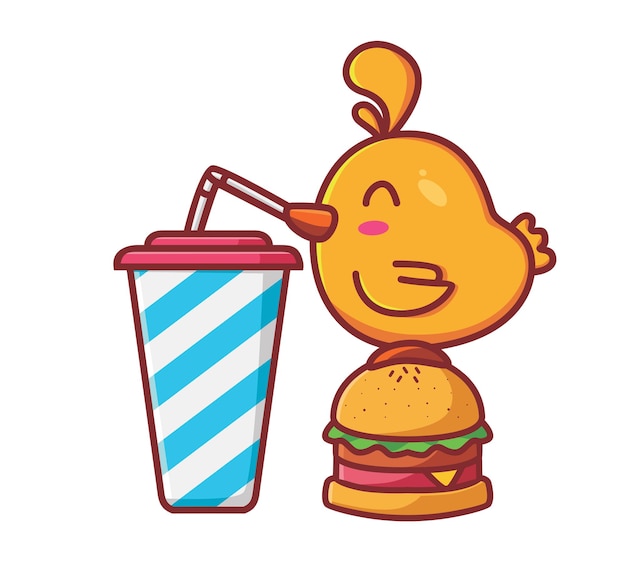 Niedliche chinks trinken eine wasser-cola und essen burger tierkarikatur isolierte flat style sticker web