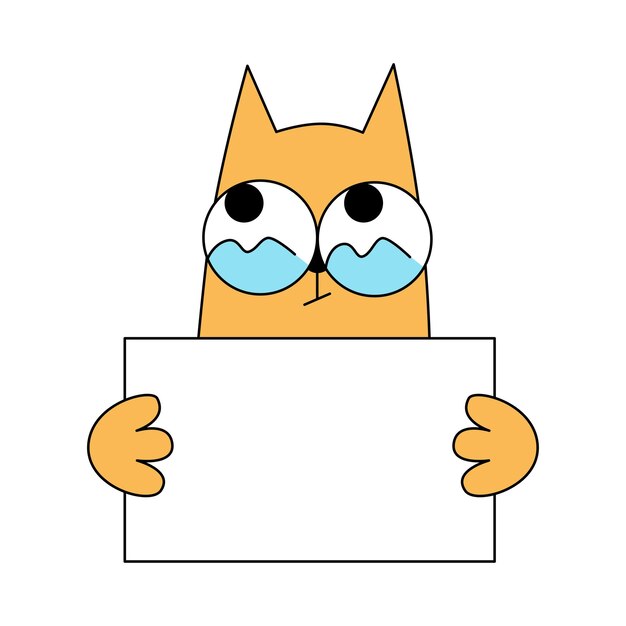 Niedliche comic-katze mit großen augen hält ein plakat mit textfläche in der hand und bittet um flehenden ausdruck