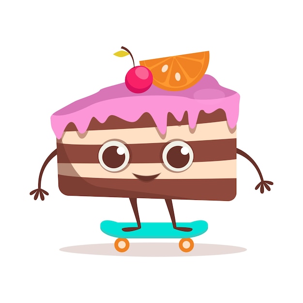 Niedliche Dessertfigur. Ein Stück Kuchen fährt im Sommer Skateboard