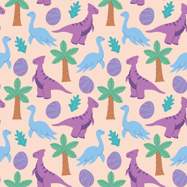 Niedliche dinosaurier und tropische pflanzen lustiges cartoon-dino-muster handgezeichnetes vektor-doodle-design für mädchen kinder handgezeichnetes kinder39s-muster für modische kleidung hemdstoff