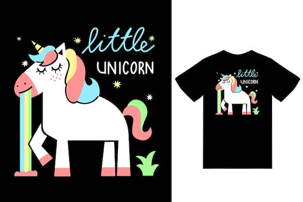 Vektor niedliche einhorn-illustration mit t-shirt-design-premium-vektor