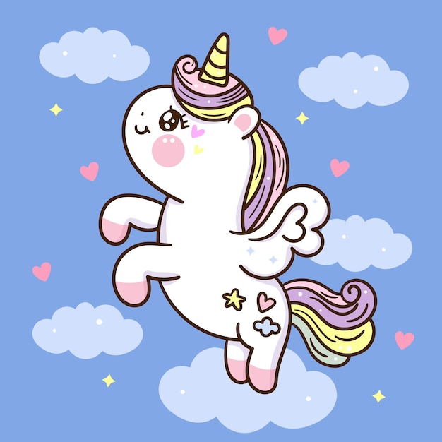 Niedliche einhorn-pegasus-karikaturfliege auf himmel kawaii tier