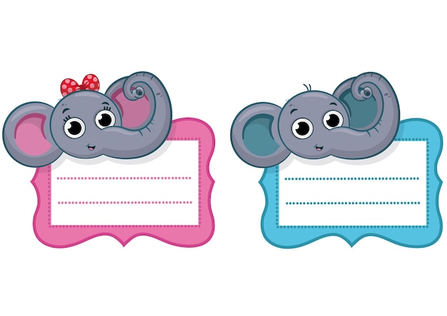 Niedliche elefantenmädchen elefantenjunge aufkleber etiketten vektor-illustration
