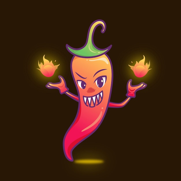 Niedliche entzückende cartoon-böse-feuer-chili-illustration für aufkleber-icon-maskottchen und logo