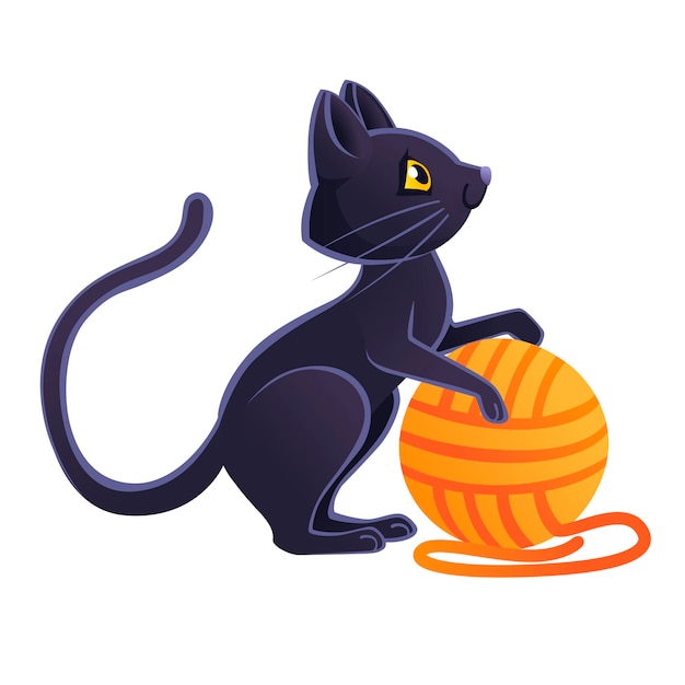 Vektor niedliche entzückende schwarze katze, die mit orange wollknäuel cartoon tierdesign flache vektorgrafik auf weißem hintergrund spielt.