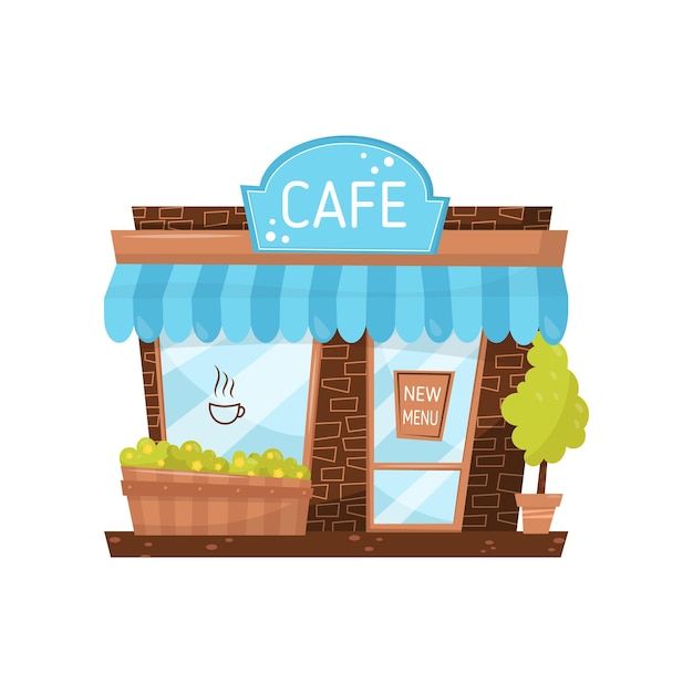 Niedliche fassade eines kleinen cafés stadtgebäude mit schild zierpflanzen markise große glastür und fenster im cartoon-stil flacher vektor
