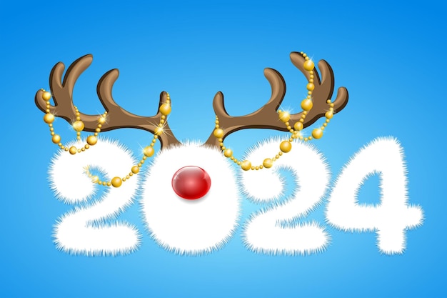 Vektor niedliche, flauschige cartoon-neujahrszahl 2024 mit hirschhörnern und roter nase. weihnachts-neujahrskonzept