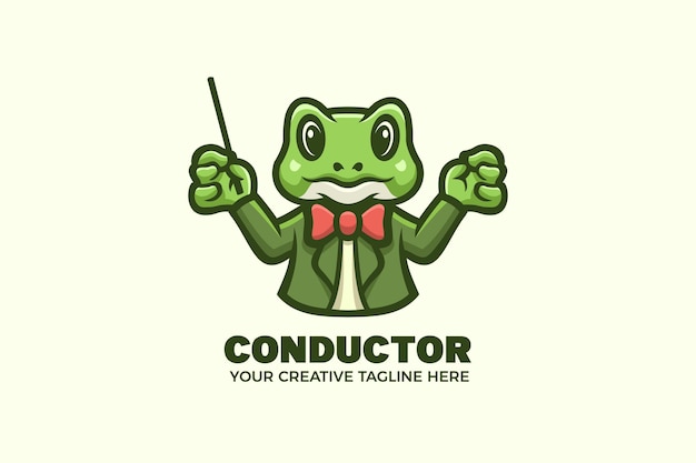 Niedliche frosch-dirigent-orchester-maskottchen-charakter-logo-vorlage