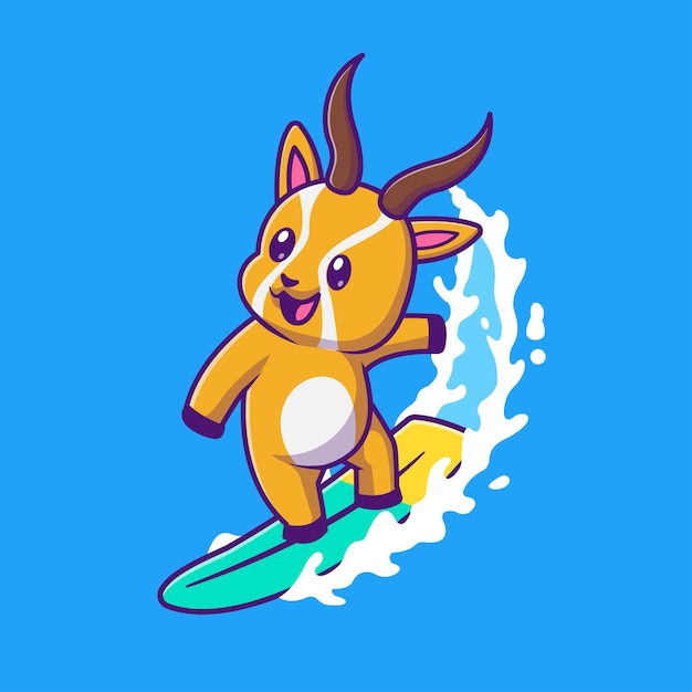 Vektor niedliche gazelle surfen cartoon vektor icon illustration. tiersport-symbol-konzept isoliert premium-vektor. flacher cartoon-stil