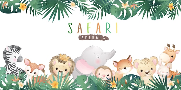 Niedliche Gekritzel-Safari-Tiere mit Blumenillustration