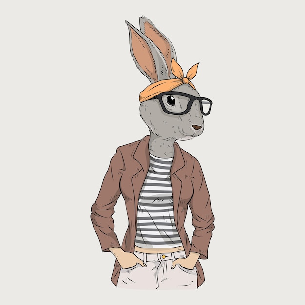 Niedliche häschenmädchen-hipster-anthropomorphe illustration für kinder