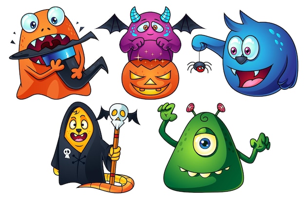 Vektor niedliche halloween-cartoon-monster-illustrationen eingestellt