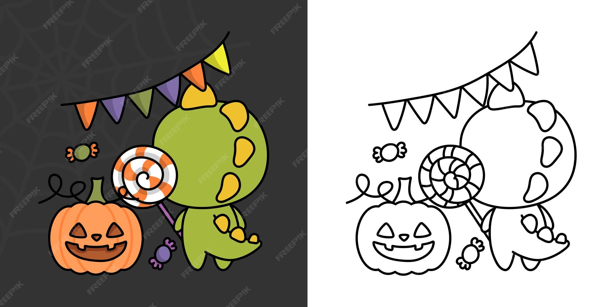 Niedliche halloween-dinosaurier-cliparts für malvorlagen und illustrationen. glückliche clipart 